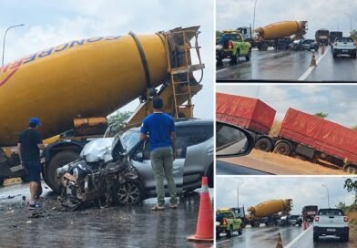 Motorista fica ferido em grave acidente entre carro e dois caminhões na BR-163